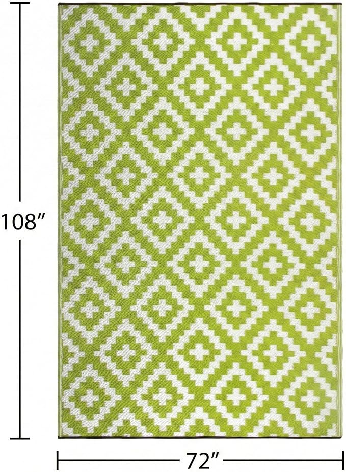 FH Home Outdoor Rug - Waterproof, Fade Resistant, Reversible - Premium Recycled Plastic - Geometric - Large Patio, Deck, Sunroom, Camping, RV - Aztec - Green & White Crease Free - 6 x 9 ft