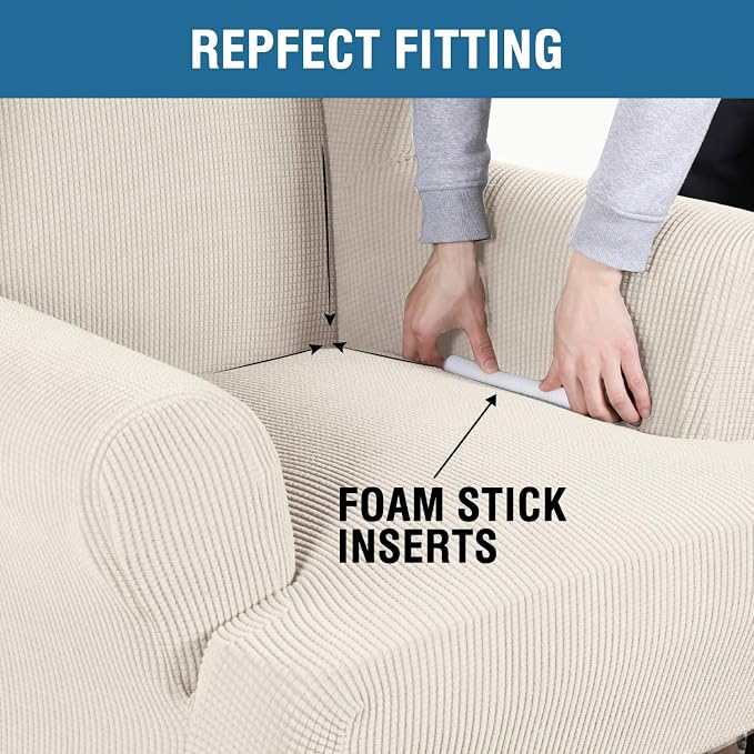 H.VERSAILTEX Wing Chair Slipcover Chair Covers for Wingback Chairs Wingback Chair Covers Slipcovers 1 Piece Stretch Sofa Cover Furniture Protector Soft Spandex Jacquard Checked Pattern, Ivory