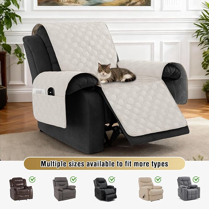 H.VERSAILTEX 100% Waterproof Recliner Chair Covers, Recliner Covers Non-Slip Stay in Place, Thick Cover for Recliner Chair with Pocket, Dog Couch Cover Protector Washable(Beige, 30")