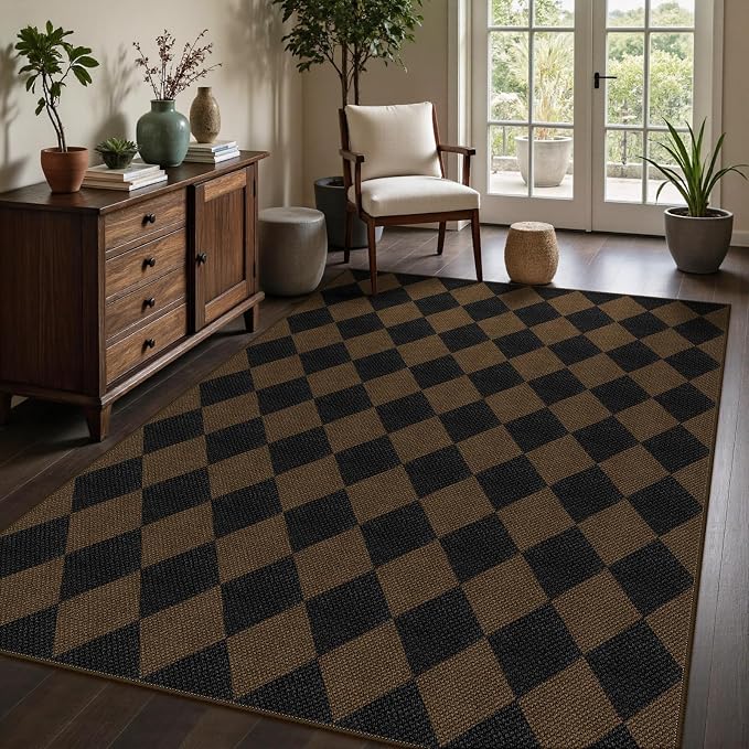 Rugalia Easy Jute 5x7 Outdoor Patio Rug, Washable Coffee Checkered Rugs for Living Room, Non-Slip Farmhouse Diamond Outdoor Mat Neutral Abstract Floor Carpet for Patio Dining Room Backyard
