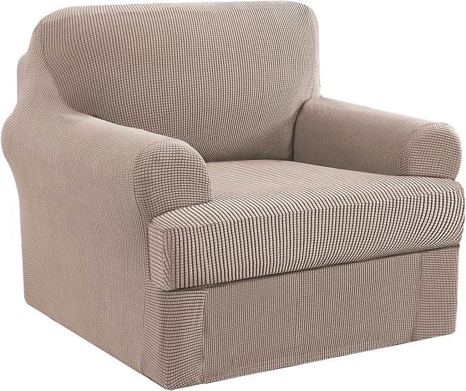 H.VERSAILTEX Stretch T Cushion Armchair Cover 2 Piece Chair Covers for Living Room Furniture Cover Suit for Box Cushion, Spandex Jacquard Fabric Small Checks(Armchair-Oversized, Sand)