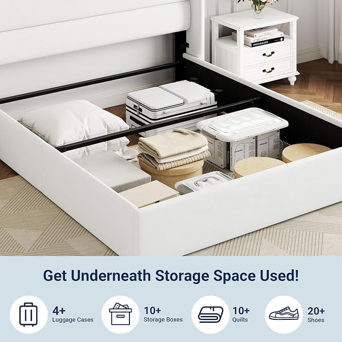 Allewie Queen Size Lift Up Hydraulic Storage Bed Frame White | Modern Wingback Headboard, Hydraulic Support Storage, No Box Spring Needed
