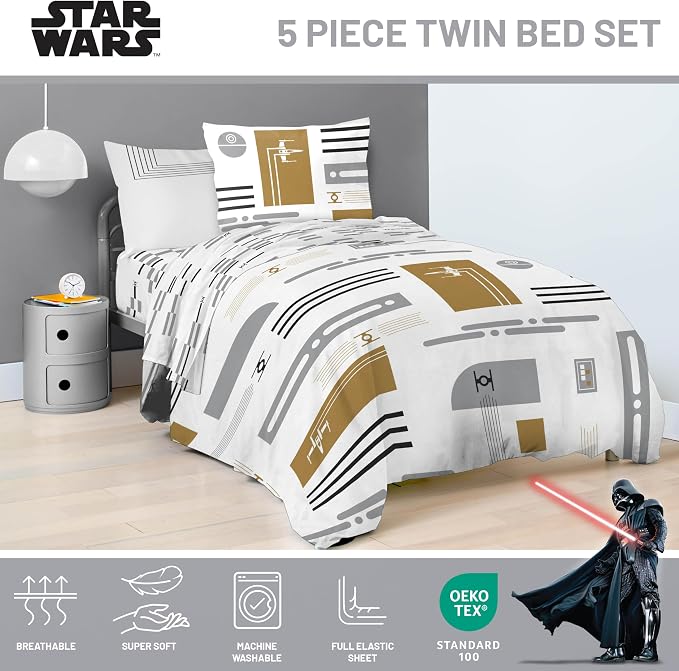 Jay Franco Star Wars Twin Comforter Set 5 Piece Soft Modern Bedding, White | Bed in a Bag, Comforter Sheets Sham Pillowcase, Official Product, Soft Microfiber, Machine Washable, Easy Care, Fan Gift