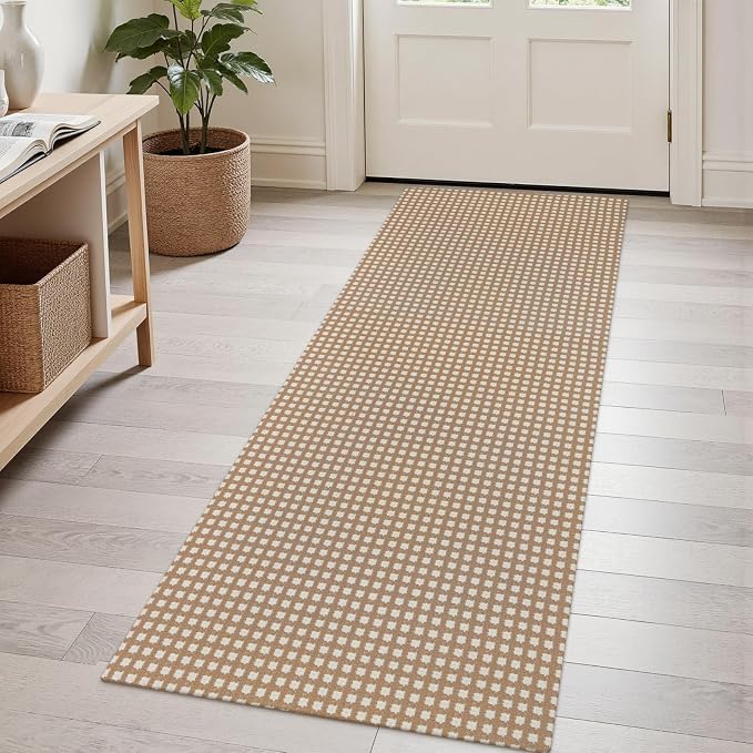 Rugalia Washable Woven Indoor Outdoor Runner Rug, 2x5 Camel Cotton Rug Runners for Hallway Non-Slip Entryway Runner Rugs, Modern Natural Plaid Long Throw Carpet for Kitchen Porch Entrance
