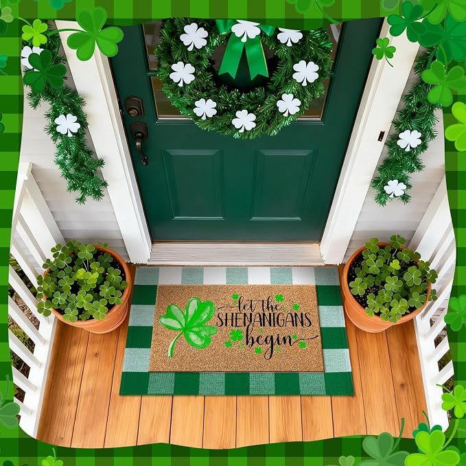 Moucuny 2 Pcs St. Patrick's Day Coir Door Mat Outdoor Rug Lucky Shamrock Welcome Outdoor Mat Green and White Buffalo Plaid Doormat for St. Patrick's Day Irish Front Door Porch Entryway Decor