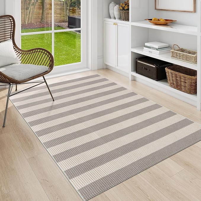 OJIA Outdoor Area Rugs 4'x6' Striped Patio Rug Washable Woven Camping Rug | Cotton Indoor Outdoor Rug Living Room Rug Checkered Rug Floor Carpet for Living Room/Dining Room/Deck/Backyard Gray/White