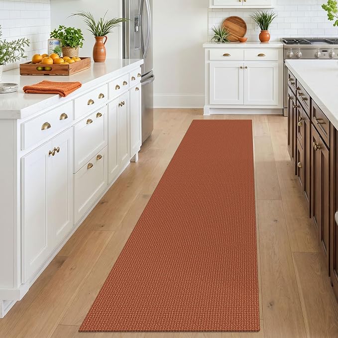 IOHOUZE Washable Runner Rug 2x10 Non Slip Rubber Backed Long Hallway Runner Entryway Runner Indoor, Kitchen Rugs Woven Cotton Floor Carpet for Hall Entrance, Burnt Orange/Tan