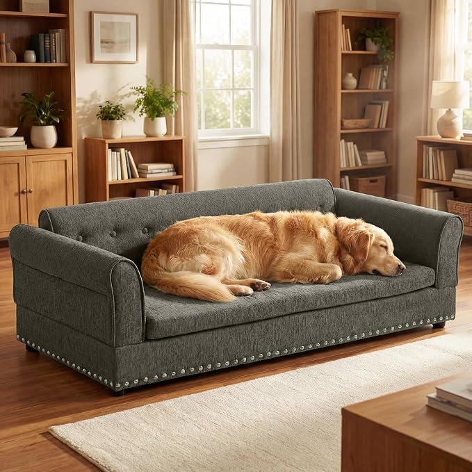 55" Dog Sofa for Medium to Large Dogs, Button Tufted Dog Couch Bed with Backrest and Armrests, Durable Memory Foam Pet Bed, Removable Cushion for Medium and Large Dogs, Dark Grey