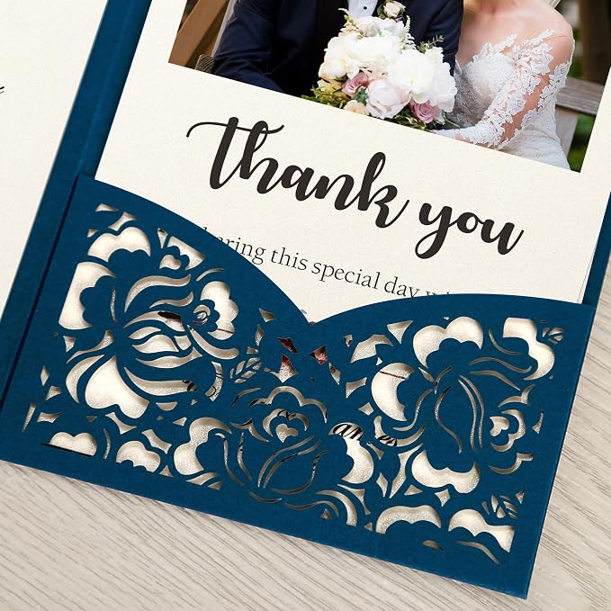 DORIS HOME 50Pcs Personalized Laser Cut Wedding Invitations, Blue | 4.7"x7.1", Customized Anniversary Invitations, With Envelopes