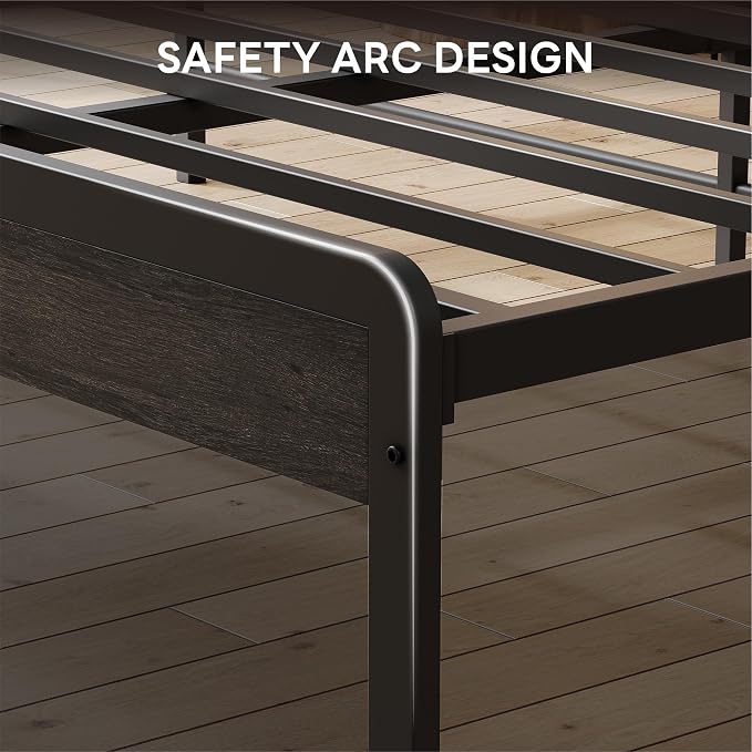 LIKIMIO California King Bed Frames with 2-Tier Storage Shelf Headboard | Dark Wood Platform Bed, Camas California King with Strong Metal Supports, Sturdy, Noise-Free, No Box Spring Needed, Grey