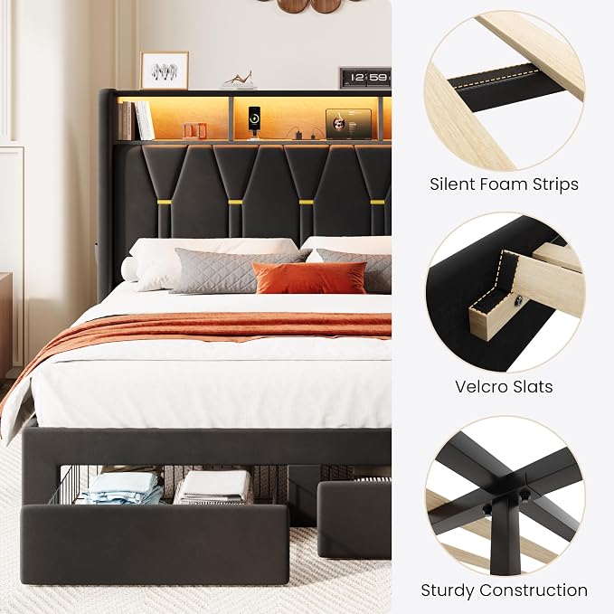 SHA CERLIN Full Velvet Platform Bed Frame with 2 Storage Drawers, LED Storage Headboard with Charging Station, Upholstered Wingback Headboard, Noise-Free, No Box Spring Needed, Easy Assembly, Black