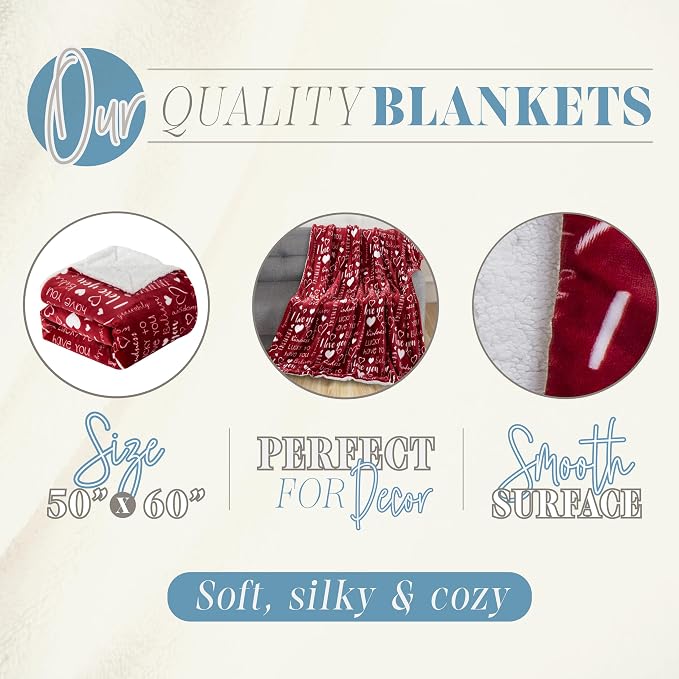 Elegant Comfort Valentine's Day Sherpa Fleece Throw Blanket for Couch - Soft and Warm Sherpa Backing Reversible Red Hearts Flannel Blanket Valentines Decor, 50 x 60 inches, Love You Red