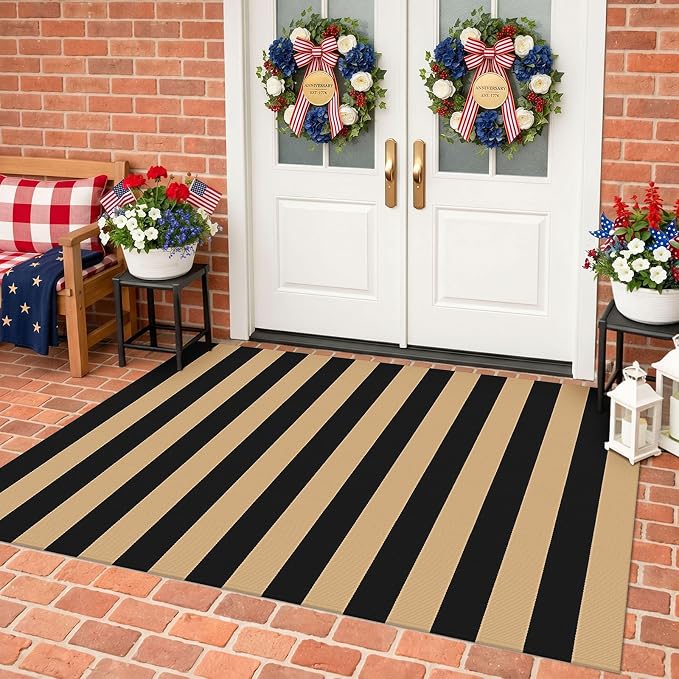 KILOCOCO Striped Rug 4x6 ft Washable Front Door Outdoor Rug, Brown Black | Cotton Front Porch Rug, Woven Living Room Rug, Low Pile Mat for Entryway, Layered Farmhouse Kitchen Patio Carpet
