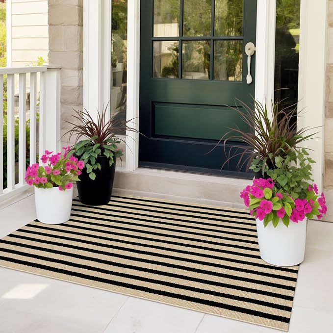 OJIA Washable Outdoor Rug 3'x5' Black and Tan Striped Porch Rug Patio Rugs | Entryway Rugs Indoor Front Door Mat Outside Entrance Cotton Floor Carpet for Entry/Living Room/Balcony/Deck Outdoor Decor