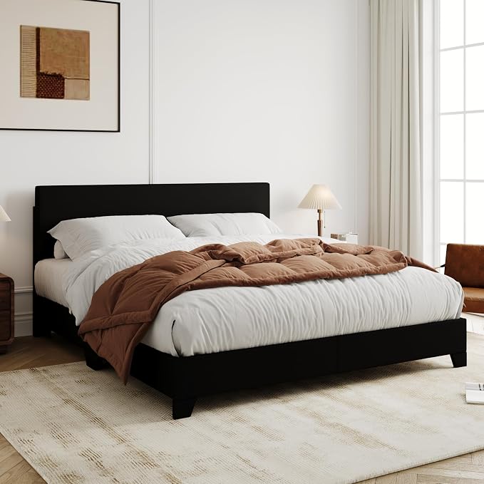 Allewie Queen Size Faux Leather Bed Frame, Adjustable Headboard, Black | Platform Bed with Heavy Duty Mattress Foundation, Noise-Free, Easy Assembly, Wood Slat Support, No Box Spring Needed