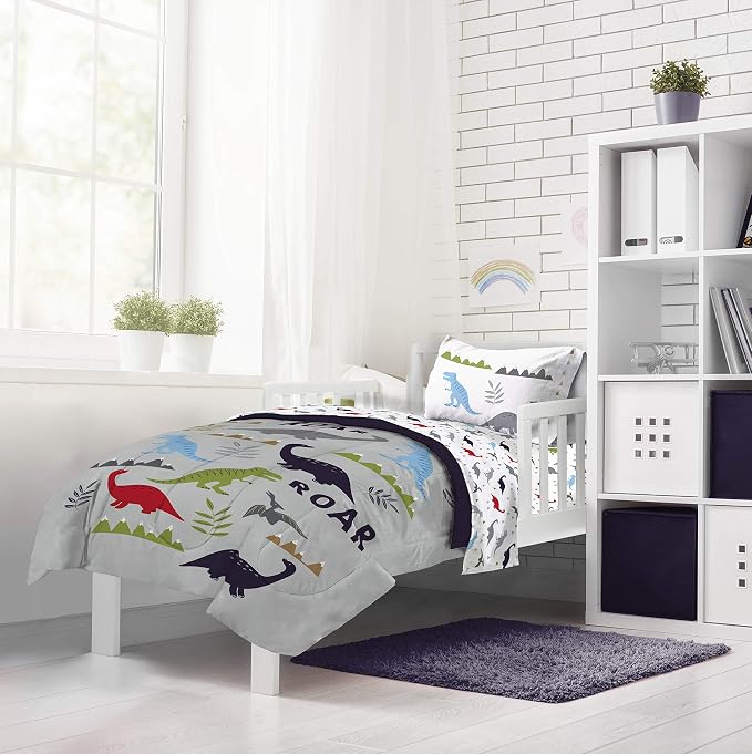 Trend Collector Dinosaur Toddler Comforter Set 4 Piece Bedding, Gray | Bed in a Bag, Comforter Sheets Pillowcase, Official Brand, Soft Microfiber, Machine Washable, Easy Care, Boys Gift