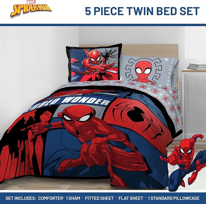 Marvel Spiderman Twin Comforter Set 5 Piece Kids Bedding for Boys, Multi | Bed in a Bag, Comforter Sheets Sham Pillowcase, Official Product, Soft Microfiber, Machine Washable, Easy Care, Boys Gift