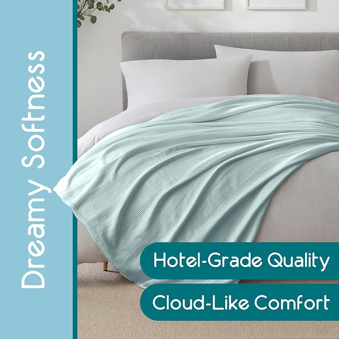 Vellux 100% Cotton Blanket, Queen, 90x90, Light Blue | Soft, Breathable Knit, Lightweight, All Season, Machine Washable, Oeko-Tex Certified, Hotel Quality