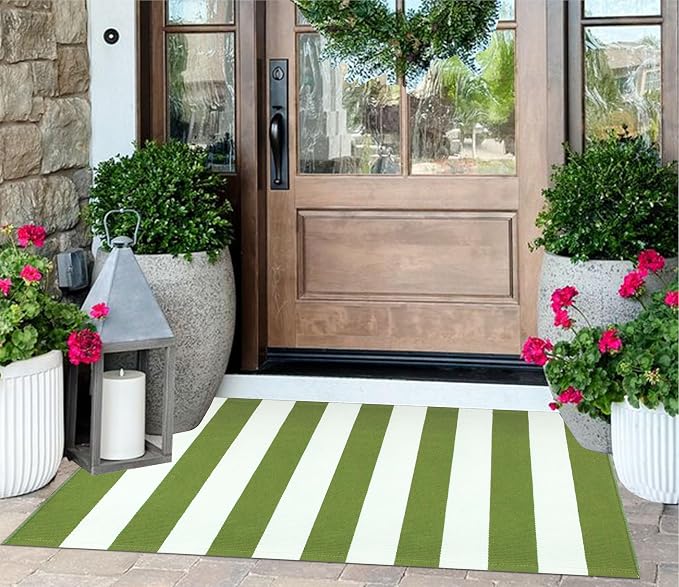 Front Porch Rug 24"x51",Green and White Striped Outdoor Rug Layered Doormat Cotton Woven Washable Indoor Outdoor Farmhouse Small Area Rug for Porch/Entryway/Home Entrance Decor