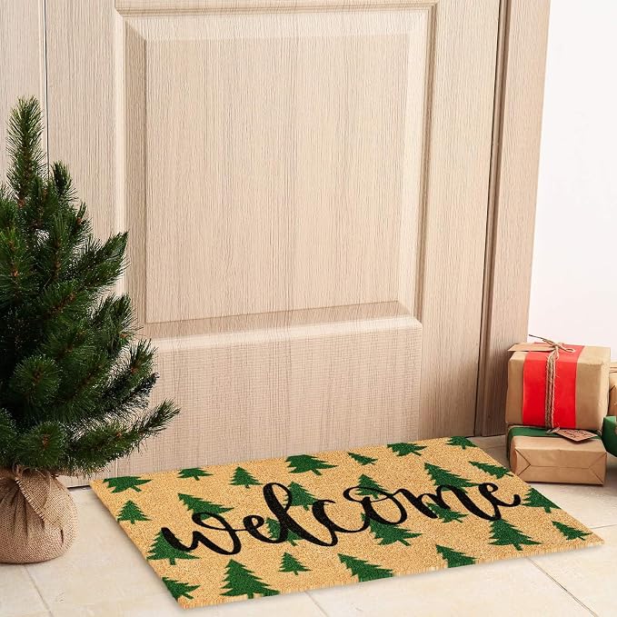 JarThenaAMCS Christmas Tree Door Mat 16.5 x 29 Inch Christmas Coir Doormat Green Xmas Tree Welcome Floor Mat Non-Slip Entrance Door Rugs for Indoor Outdoor Bathroom Decor