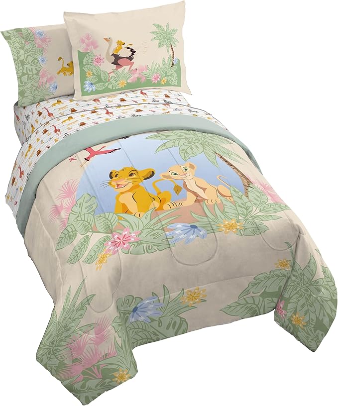 Disney Lion King Simba Twin Comforter Set 5 Piece Kids Bedding, Multi | Safari Animal, Comforter Sheets Sham Pillowcase, Official Brand, Soft Microfiber, Machine Washable, Easy Care, Kids Gift
