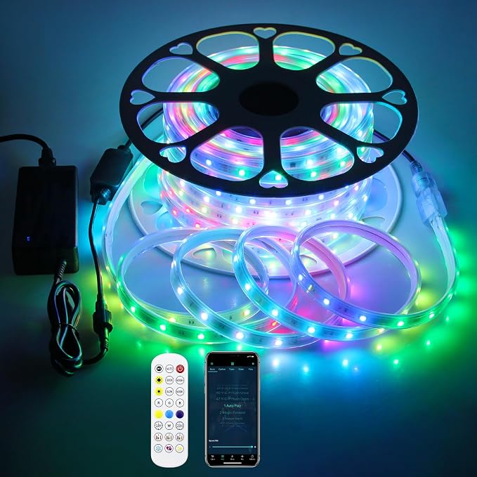 ALITOVE Permanent Outdoor LED Strip Lights 100FT Waterproof 24V RGB IC | Addressable 24 Volt LED Rope Lights, Music Sync with Remote APP Control, for Wall Patio Eave Garden Pool Party Decor