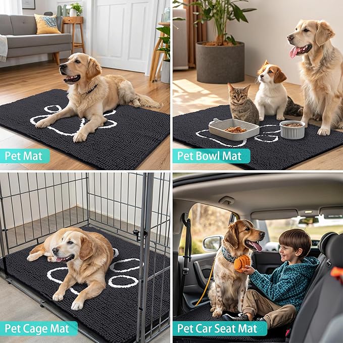 Smiry Dog Door Mat for Muddy Paws, Absorbent Dirt Trapper Non Slip Quick Dry Washable Chenille Mat for Mud Dogs, Entry Rug for Indoor and Outdoor (54x32 Inches, Black and White)