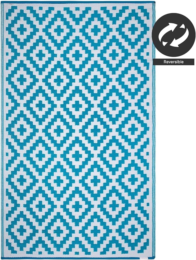 FH Home Outdoor Camping Rug - Waterproof, Fade Resistant, Reversible - Premium Recycled Plastic - Geometric - Large Patio, Deck, Sunroom, RV - Aztec - Teal & White - 9 x 12 ft Foldable