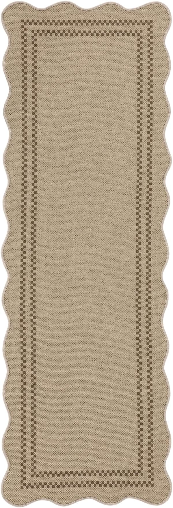 Tribesigns Scalloped Easy Jute 2x6 Hallway Runner Rug Non Slip, Tan/Checkered Kitchen Runner Rugs Non Skid Washable, Geometric Indoor Outdoor Carpet for Laundry Porch Entryway