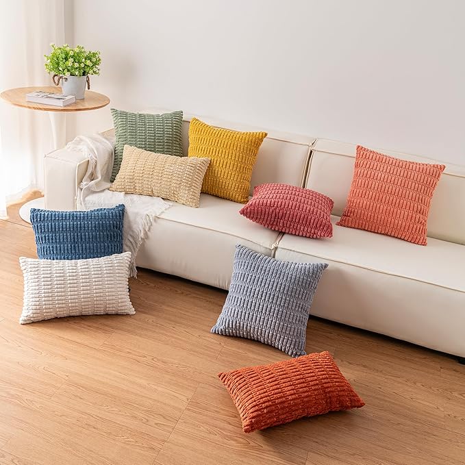 Pack of 2 Corduroy Decorative Throw Pillow Covers 18x18 InchSoft Boho Striped Pillow Covers Modern Farmhouse Home Decor for Sofa Living Room Couch Bed（White）
