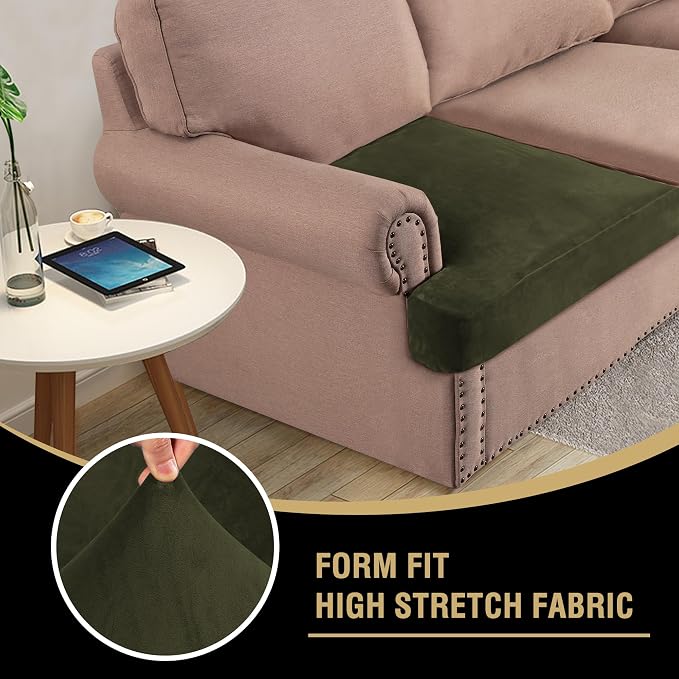 H.VERSAILTEX Stretch Velvet 2 Piece T Cushion Sofa Slipcovers for Living Room Individually Sofa Covers for 2 Cushion Seat Cushion Covers (Sofa, Olive)