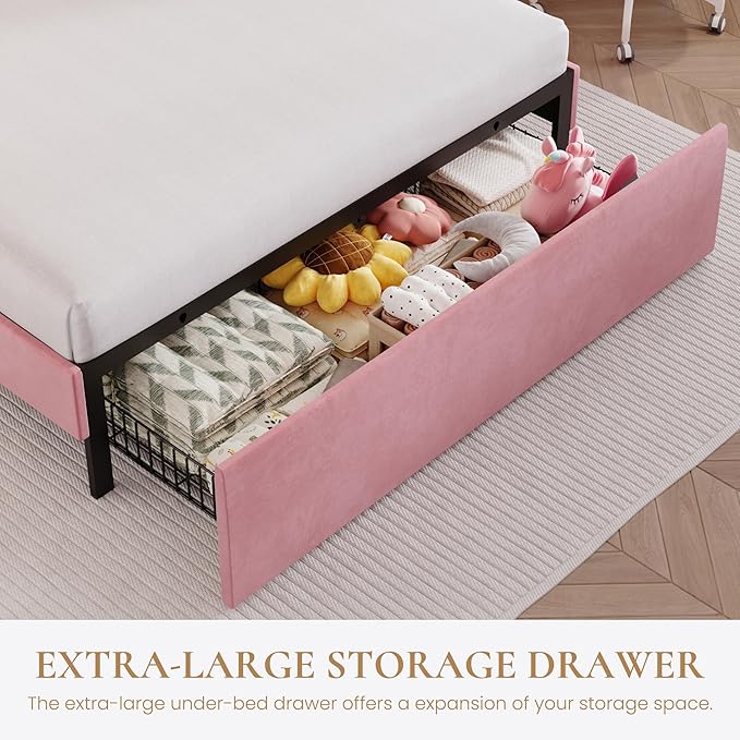 SHA CERLIN Queen Size Bed Frame with LED Lights and Storage Drawer, Pink | Upholstered Velvet Platform Bed with Adjuatable Wavy Headboard, Noise-Free, Easy Assembly,No Box Spring Needed