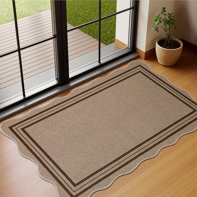 EDIMENS Easy Jute Rug Entryway Rug, 2x3 Front Door Mat Small Entryway Non-Slip Washable Area Rug, Low Pile Black Indoor Outdoor Farmhouse Scalloped Doormat for Entrance Entry Porch Doorway