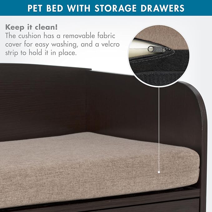 Paws & Purrs Cat Sofa Bed with Storage Drawer, Espresso Finish, 31.5″ x 15.75″ x 19.25″ | 3″ Foam Cushion with Washable Cover | Fits Dogs and Pets up to 50 lb