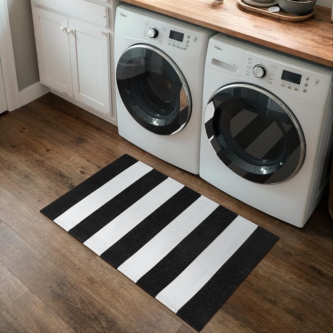 Collive Black and White Striped Outdoor Rug 24"x 35", Washable Front Door Mat, Cotton Woven Farmhouse Fall Front Porch Rug Decor, Layered Door Mats Outdoor for Entryway Kitchen