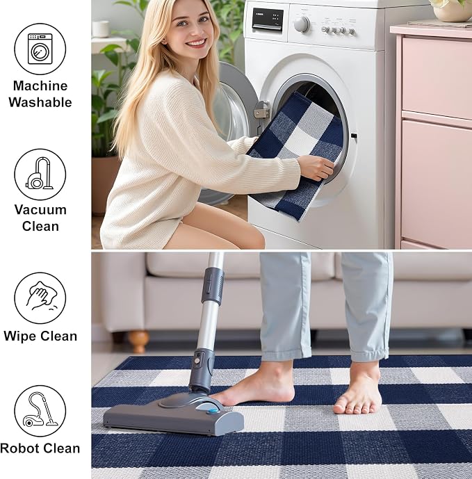 OLANLY Buffalo Plaid Rug 2' x 3' (24" x 36") – Navy and White Cotton Checkered Doormat, Washable Indoor Outdoor Rug for Layered Front Porch, Kitchen, Entryway Decor