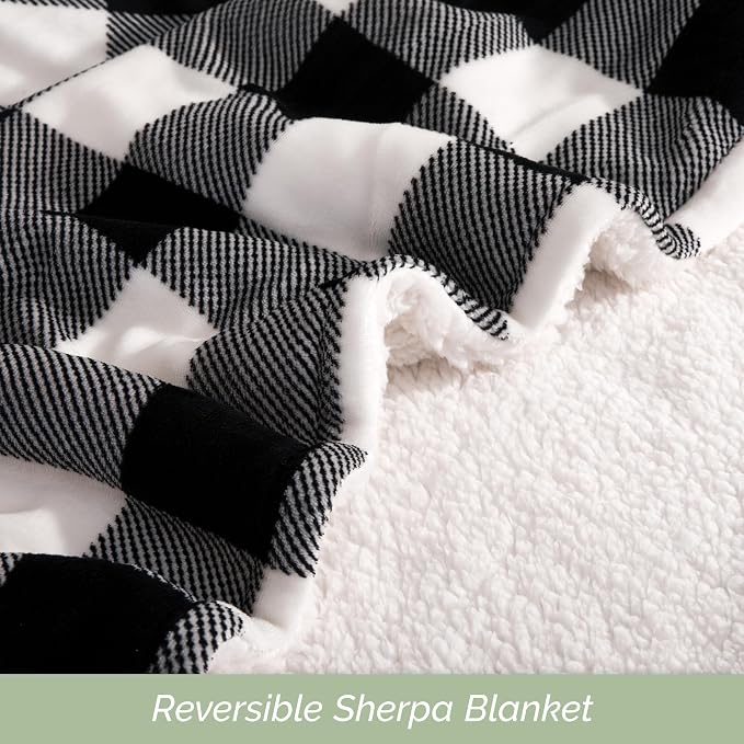 Elegant Comfort Ultra Soft Reversible Buffalo Plaid Flannel Sherpa Blanket - Cozy Silky Checkered Fleece Throw for Couch, Bed - Plush Fuzzy Warm Winter Blanket for Gift, Full, Black