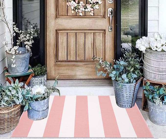 Outdoor Front Door Mat 24"x35",Cotton Woven Washable Striped Layered Doormat Pink and White Indoor Outdoor Area Rug for Entryway Porch Decor Home Entrance