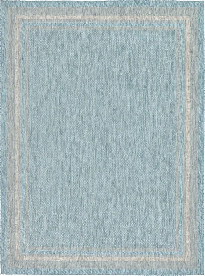 Unique Loom Outdoor Border Collection Area Rug - Soft Border (9'x 12' Rectangle, Aquamarine/ Ivory)