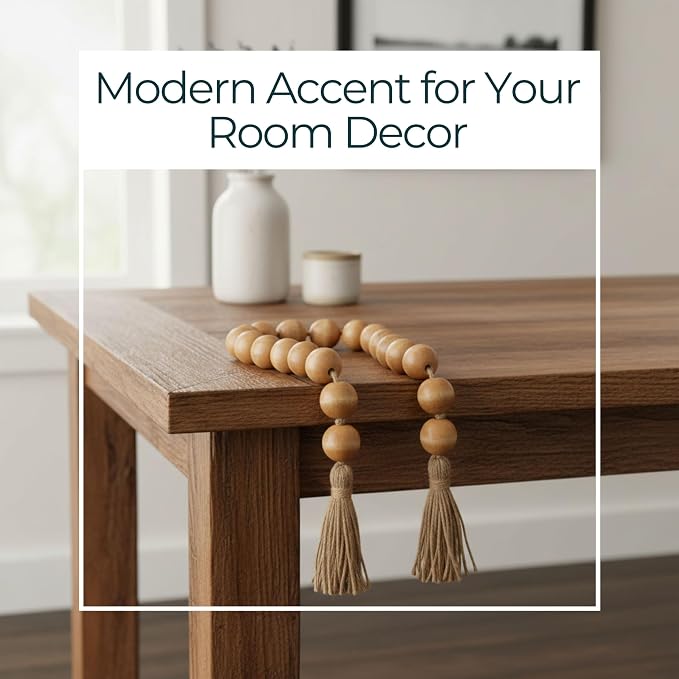 Wood Decorative Objects Bead Garland – Decorative Object Accent for Styling – Coffee Table or Shelf Display – Rustic Bead Tassels for Relaxed Accessories, Home Decor – 32", Brown