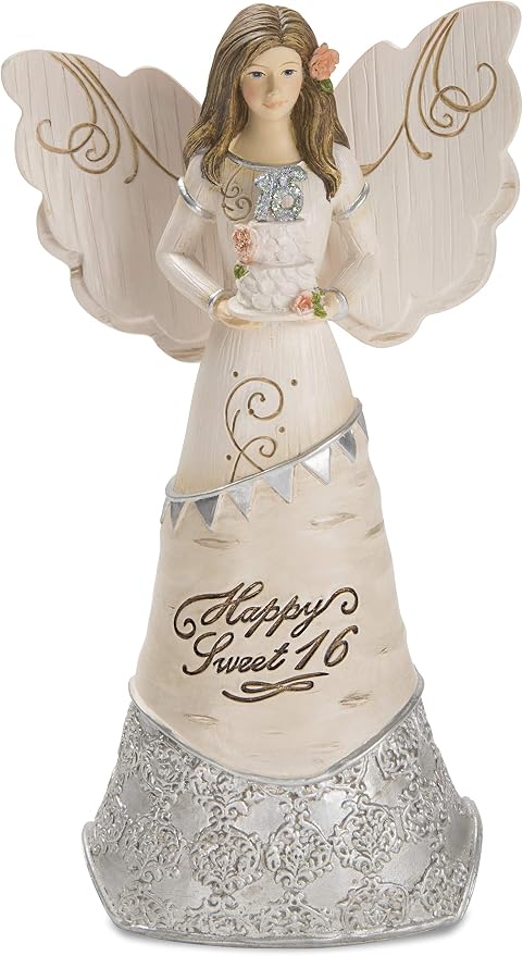 Pavilion - Happy Sweet 16 - Angel Figurine Holding a Birthday Cake 6 Inches,Silver