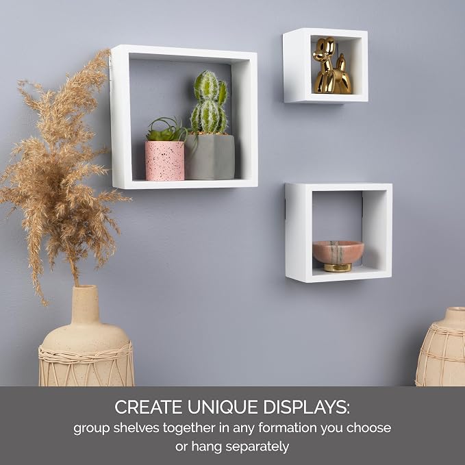 MELANNCO Floating Square Cube Shelves, for Bedroom, Living Room, Bathroom, Kitchen, Nursery, Set of 3, White, 3 Count