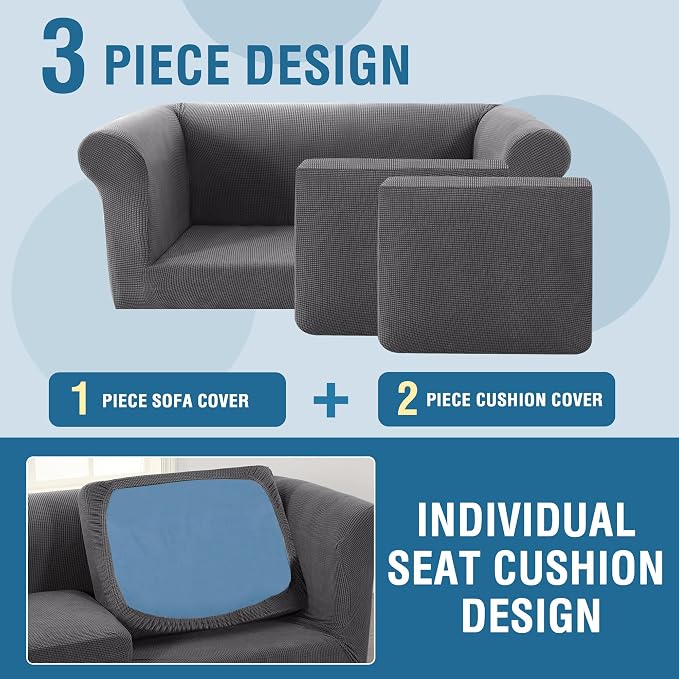 H.VERSAILTEX 3 Pieces Stretch Loveseat Slipcovers Traditional Chesterfield Loveseat Covers for 2 Cushion Couch Mid Century Deep Seat Couch Cover Washable, Thicker Jacquard Fabric(Medium Sofa, Grey)