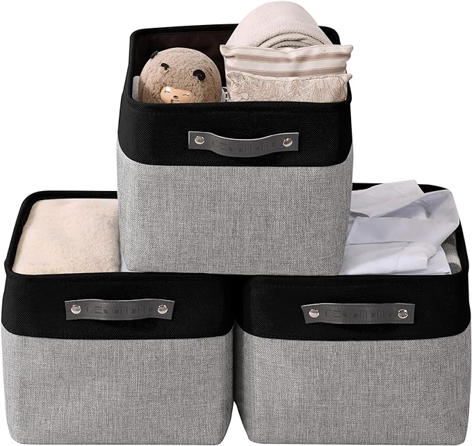 DECOMOMO Storage Bins, Large Fabric Storage Baskets for Shelves 3 Pack | 15 x 11 x 9.5 inches Decorative Linen Closet Organizers (Grey & Black)