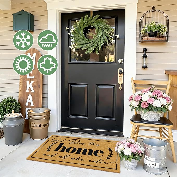 Coir Door Mat Welcome Mats for Front Door Outside Entrance Doormats with Heavy Duty Backing God Bless Matt for Religious Gifts Anti-Slip Christian Rug for Porch Home Outdoor Decoration 16.9"x29.9"