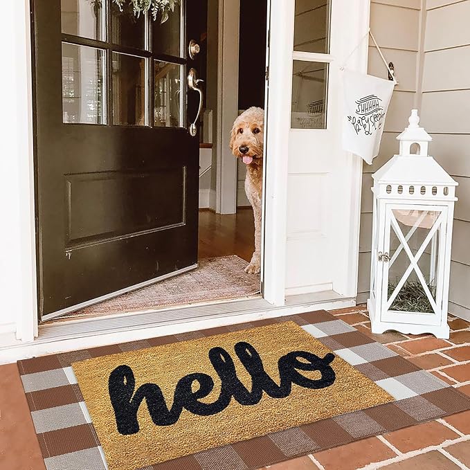 KILOCOCO Buffalo Plaid Checkered Rug 27.5x43 in Brown White Front Door Rug | Cotton Woven Outdoor Rug, Machine Washable Front Door Mat, Indoor Entryway Rug, Low Pile Welcome Mats for Farmhouse