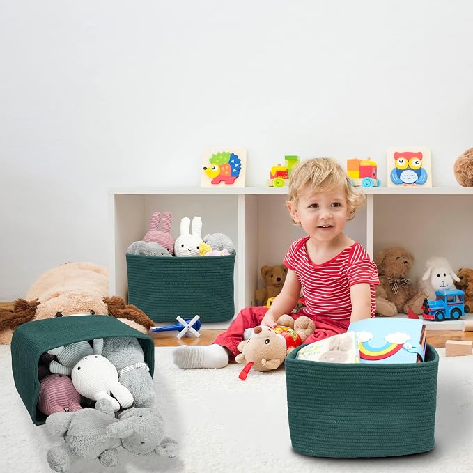XUANGUO Woven Cotton Rope Storage Baskets 15x10x9.3" 3 Pack Dark Green | Decorative rectangular storage baskets for shelves and closets; storage bins organize clothes, toys, books and nursery items.