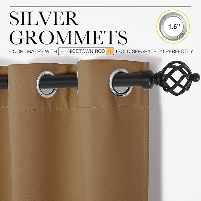 NICETOWN Sleek Blackout Curtains 63 inches Length for Small Windows, Noise Reducing and Block Draft Panels for Door Doorway Laundry Office Luxury Decor Theme (2 Panels, Gold Brown, W34 x L63 -Inch)