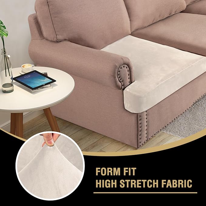 H.VERSAILTEX Stretch Velvet 2 Piece T Cushion Sofa Slipcovers for Living Room Individually Sofa Covers for 2 Cushion Seat Cushion Covers Stay with Elastic Bands (Sofa, Cream)