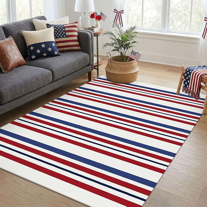 KOZYFLY 250th Anniversary Patriotic Doormat Blue Red White Striped Rug 4x6 ft Front Door Rugs 4th of July Memorial Day Woven Washable Outdoor Rug for Front Porch Farmhouse Patio Independence Day Decor